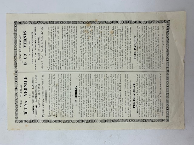 Nuova invenzione d'una vernice per mobilie, intavolati, pavimenti pitturati, marmorizzati e lisci Moiné et Alphonse, deposito a Parigi in Via della Croce n. 14